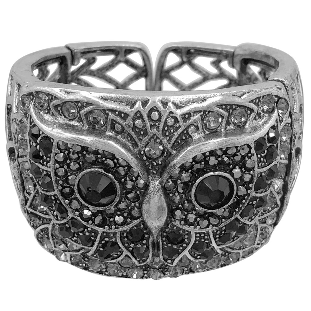Owl Face Silver Black Rhinestone Chunky Wide Statement Cuff Bracelet